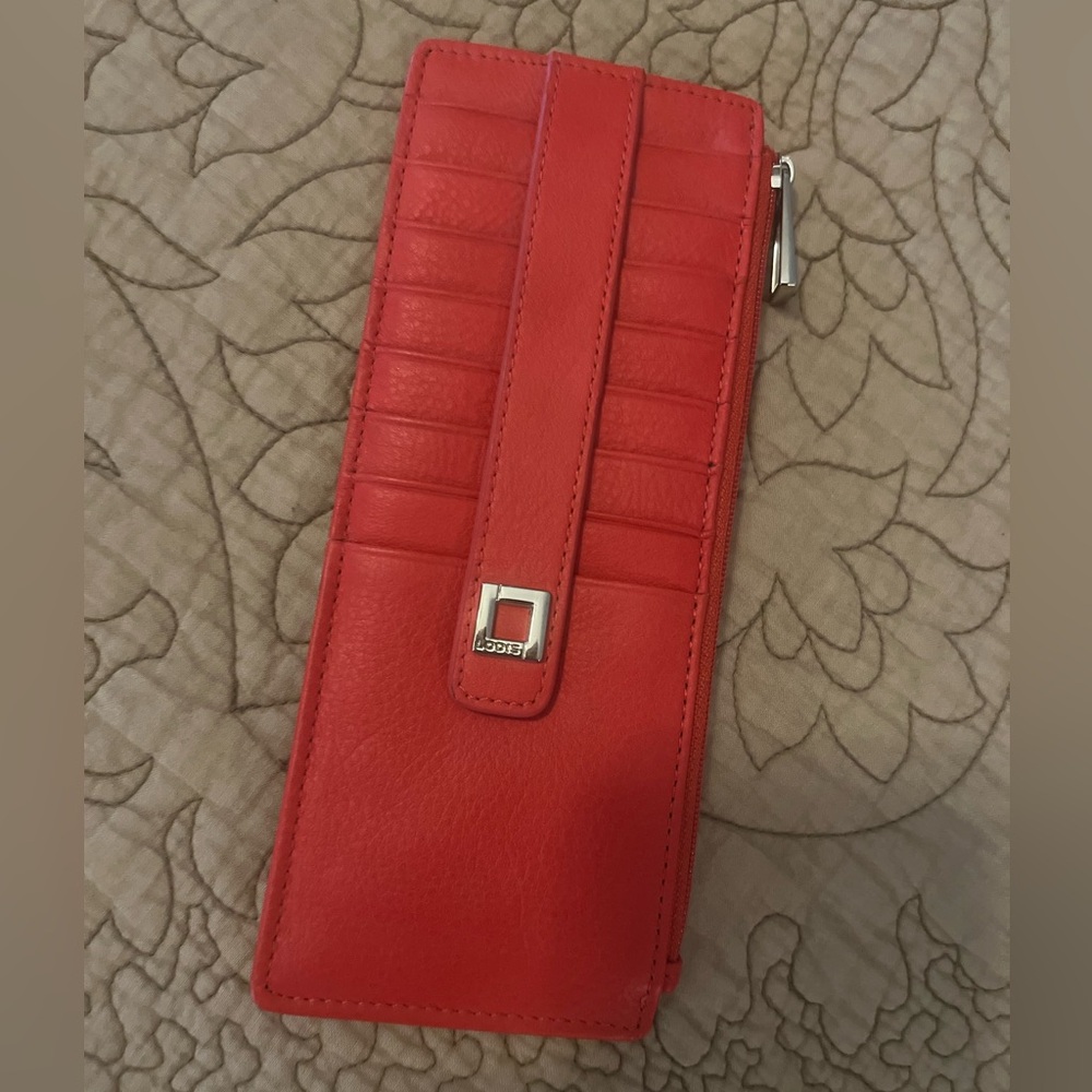 Lodis Slim Minimalist Red Leather Wallet, Card Slots & Zippered Coin Pouch, NWOT
